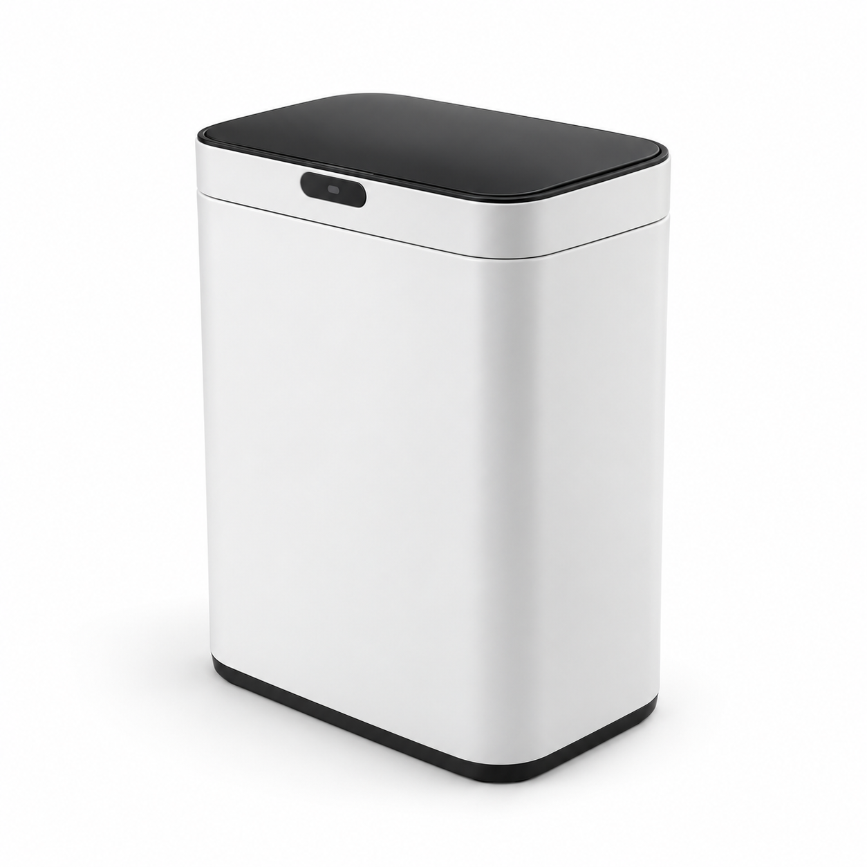Papelera automática blanca con tapa negra y sensor